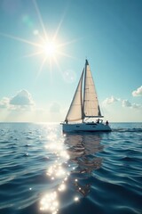 Obraz premium Graceful sailboat glides on calm ocean, brilliant sun overhead, adventure, boat, sailing