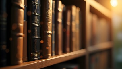 Obraz premium Old bookshelf, blurred bokeh background