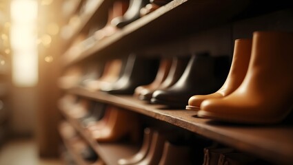 Leather shoe rack, bokeh blur background