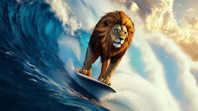 Lion playing in the surf,big wave