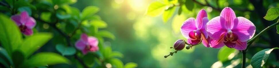 Fototapeta premium Lush green canopy, vibrant orchids, sunlight dappled, colorful, blossom, biodiversity