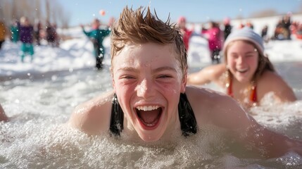 January polar plunge fundraising events featuring brave participants jumping into icy water, surrounded by cheering crowds and a festive winter vibe.