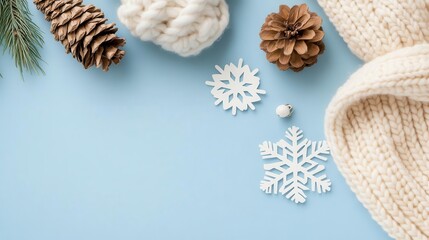 Handmade winter crafts and decor ideas featuring a cozy workspace with knitted scarves, pinecone ornaments, and snowflake-shaped paper cutouts