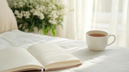 Starting fresh with morning routines featuring a tidy bedroom, an open journal on a desk, a cup of tea, and sunlight streaming through the curtains.