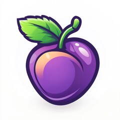 Cartoon purple plum with green leaf, shiny, isolated.
