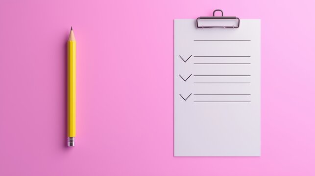 Checklist icon with pencil on pink background minimalist design