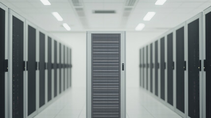 Obraz premium Server Room Corridor: A long corridor lined with rows of sleek, dark gray server racks, creating a sense of technological depth and efficiency. The image evokes feelings of security, precision.