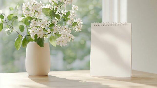 The wooden desk featured a 2025 calendar with blank notes for January, fresh flowers, soft morning light, and a clean minimalist aesthetic.