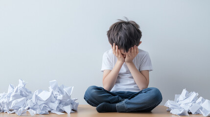 Overwhelmed by Failure: A young boy sits dejectedly amidst a pile of crumpled paper, his hands covering his face as he grapples with the weight of failure.