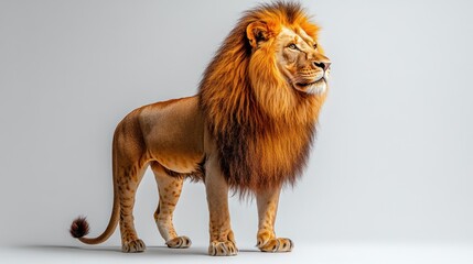Fototapeta premium Majestic male lion standing, facing right, on a light gray background.