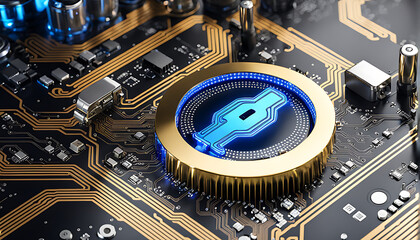 cyber lock on shield over high tech circuits