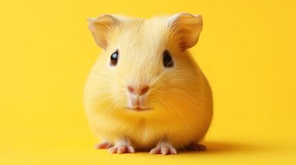 A cute yellow guinea pig against a bright yellow background, showcasing its adorable features.