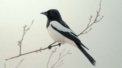 Fototapeta premium Black and white bird perched on a branch.