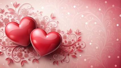 Two red hearts united as one with a delicate floral pattern surrounding them on a soft pink background, heart, gentle