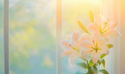 Obraz premium Lilies blooming in soft glow of morning light