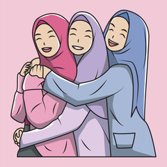 vector illustration of the friendship of three happy Muslim hijab women