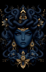 A woman with a snake headdress and gold jewelry. The woman is wearing a necklace and earrings