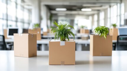 Green Plants in Cardboard Boxes on Office Desks, Creating a Refreshing and Productive Workspace Ambiance in a Modern Corporate Environment