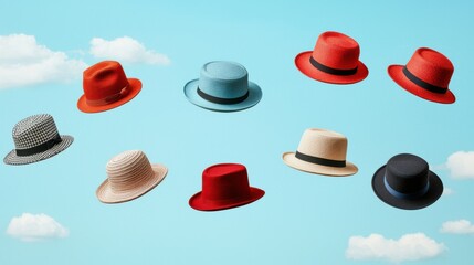 A colorful assortment of hats floating against a bright blue sky dotted with clouds, showcasing different styles and colors.