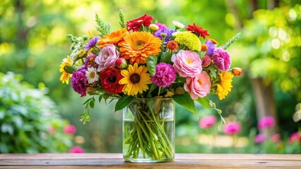 Freshly arranged bouquet of colorful flowers with delicate petals and lush greenery filling a large glass vase , blooming flowers, beautiful bouquet