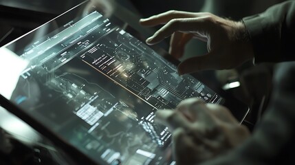 A person is using a tablet to touch a screen with a black background