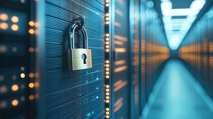 Photograph of a padlock hanging from a data server rack to symbolize secured data centers close up