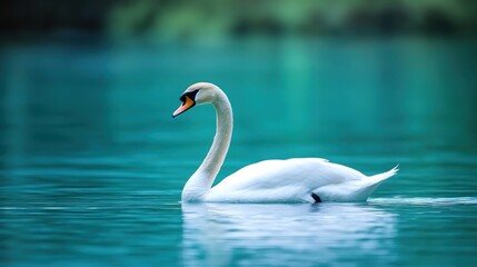 Obraz premium A graceful swan gliding across a serene turquoise lake.