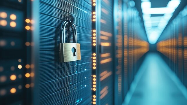 Photograph of a padlock hanging from a data server rack to symbolize secured data centers close up