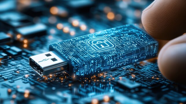 Photograph of a person holding a USB stick with a lock icon printed on it to symbolize secure data focus on the USB in a tech conference setting