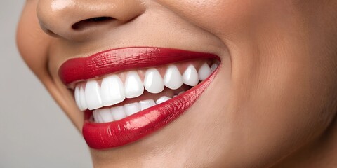 Obraz premium Bright smile with red lips: Close up of a woman showing a perfect white smile. Her teeth are flawless Dental care, Dentist