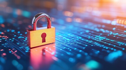 Visual of a padlock icon glowing on a holographic interface to symbolize digital security focus on the icon in a futuristic workspace