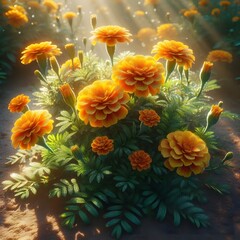Obraz premium Radiant marigolds bloom in sunlit garden with lush green foliage