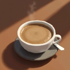 Steaming cup of coffee with soft morning light and shadow play