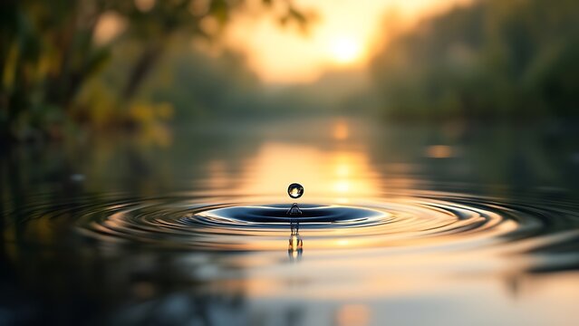Serene water ripple with soft sunset reflection, creating a calming, tranquil atmosphere. Perfect for nature, relaxation, and meditation themes.