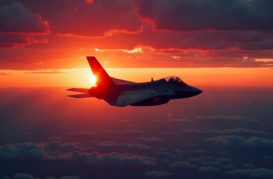 A sleek fighter jet flies gracefully against a backdrop of vibrant sunset hues, with clouds illuminated by the fading light. The scene captures the majesty and power of aviation. - Powered by Adobe