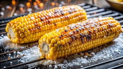Grilled corn on the cob seasoned with salt on a grill