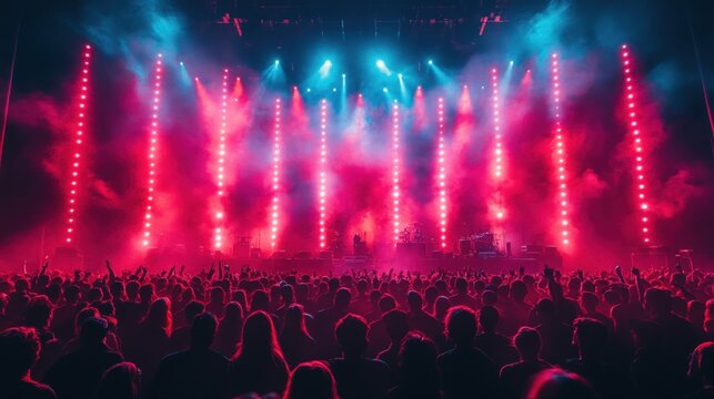 Concert crowd illuminated by vibrant pink and blue lights.