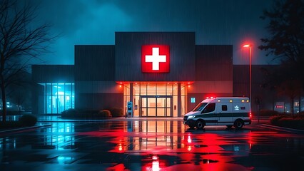 Rain-soaked street reflecting the red neon cross of a hospital and the lights of an ambulance at the emergency entrance at night.