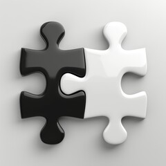 Obraz premium Two interlocking puzzle pieces, one black and one white, demonstrate the concept of unity and contrast. This image symbolizes cooperation despite differences, evoking thoughts of balance.