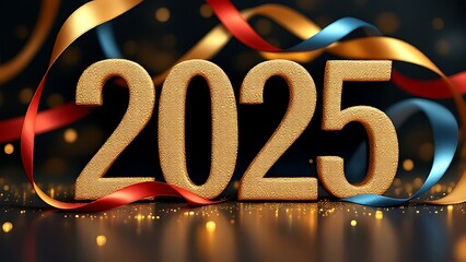 Glitter and ribbon-themed 2025 design, featuring sparkling details and festive elegance. Perfect for New Year celebrations, party invitations, and holiday-themed visuals.