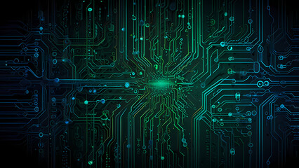 A futuristic abstract background resembling a circuit board, with glowing neon lines in shades of blue and green, intertwining in intricate patterns