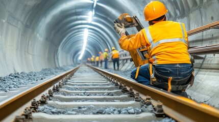 Construction Workers Installing Railway Tracks Inside a Tunnel During Daytime, Safety Gear and Equipment in Use, Focus on Teamwork and Infrastructure Development