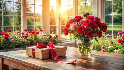 Fototapeta premium Sunlit wooden table with a gift and a vase of red roses in a sunroom