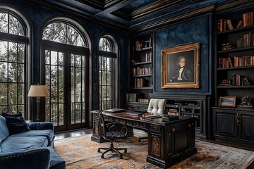 Venetian plaster with an aged look in deep indigo, paired with elegant furniture and artwork in a luxury study