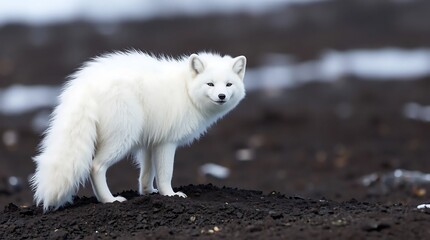 Fototapeta premium Arctic fox standing on rocky ground with snow in the background