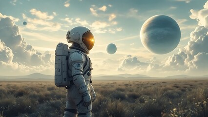A lone astronaut in a white spacesuit with a clear bubble helmet stands in a golden field, looking towards a reflective orb floating in the sky, with a bright sun high above.