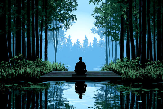 A man is sitting on a bridge in a forest. The man is in a meditative state, and the forest is peaceful and serene. The water in the background is calm, and the trees are tall and green