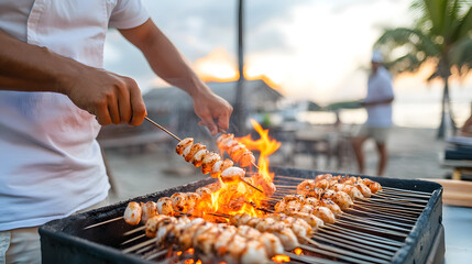 man grilling seafood skewers over open flame at sunset