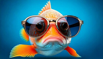 a fish wearing sunglasses and a pair of sunglasses on its face is shown in this image, it looks like a fish with a pair of sunglasses on its head and a blue background,., generative ai