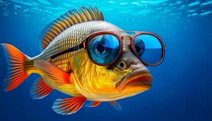 a fish wearing sunglasses and a pair of sunglasses on its face is shown in this image, it looks like a fish with a pair of sunglasses on its head and a blue background,., generative ai